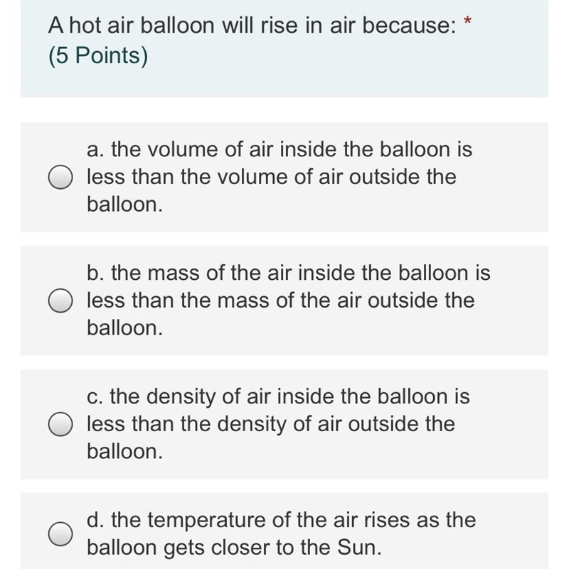 A hot air ballon will rise in air because:-example-1