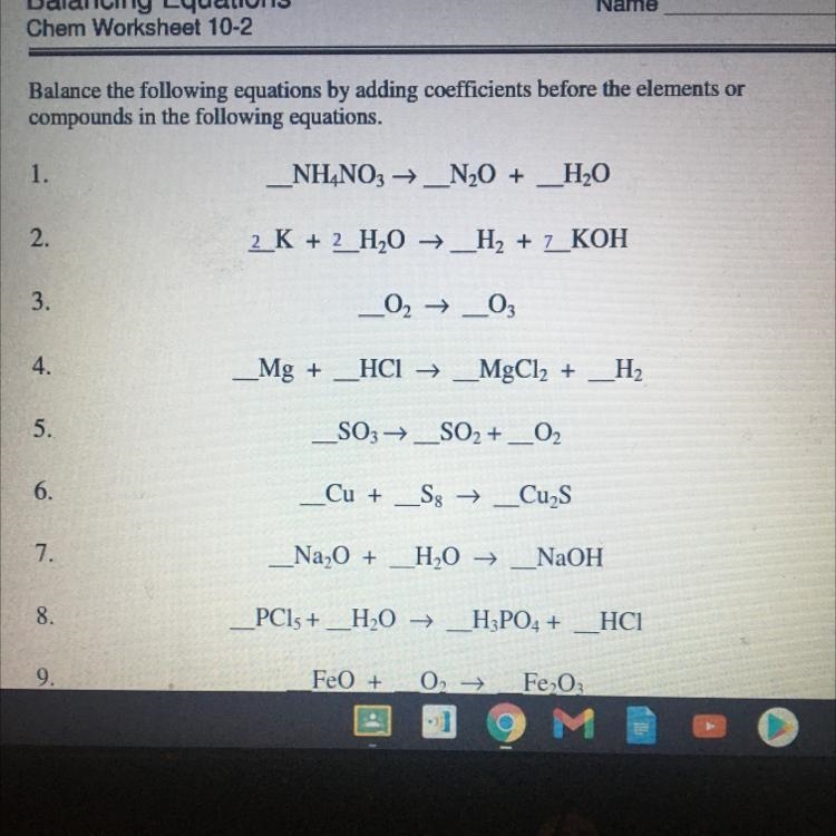 Balancing Equations 1. . _NH4NO3 → _N20 + _H20-example-1