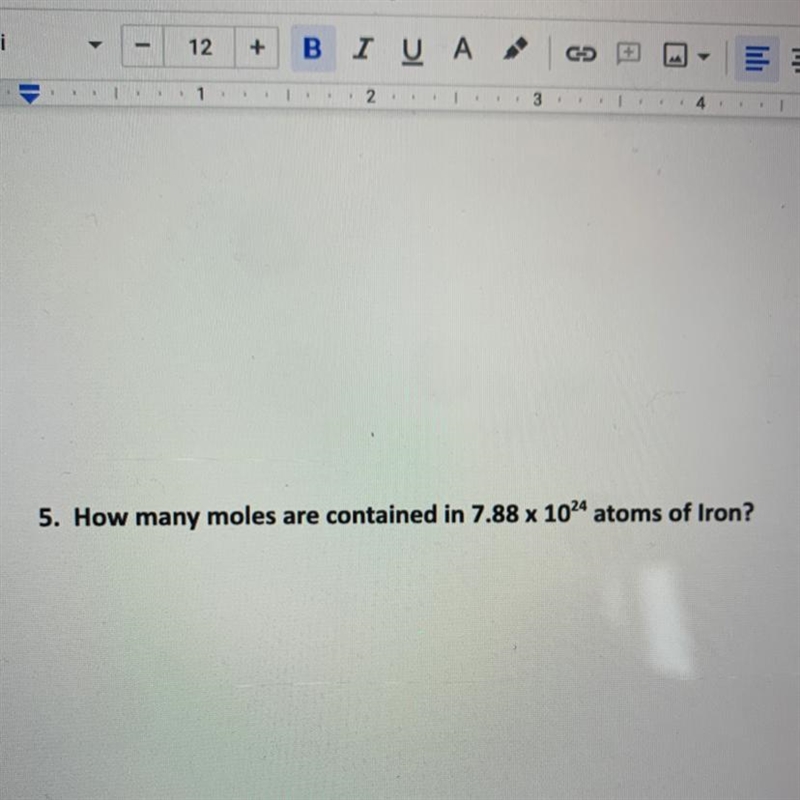 How many moles are contained in 7.88 x 1024 atoms of Iron?-example-1