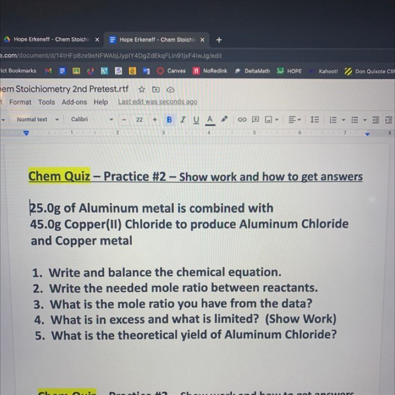 PLEASE HELP!!!!!!! 25.0g of Aluminum metal is combined with 45.Og Copper(ll) Chloride-example-1