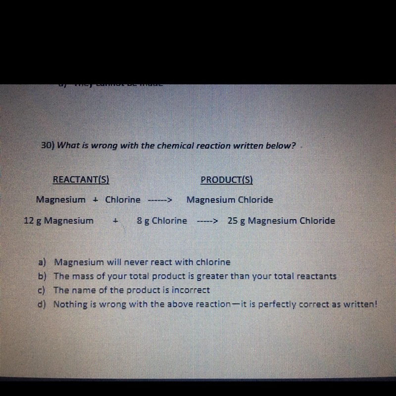 What is wrong with the chemical reaction written below? REACTANT(S) PRODUCTS Magnesium-example-1