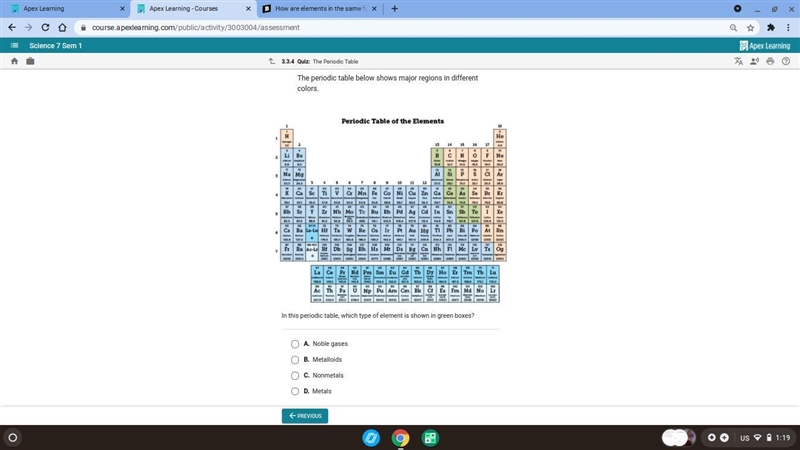 The Periodic table below shows major regions in different colors. In this periodic-example-1