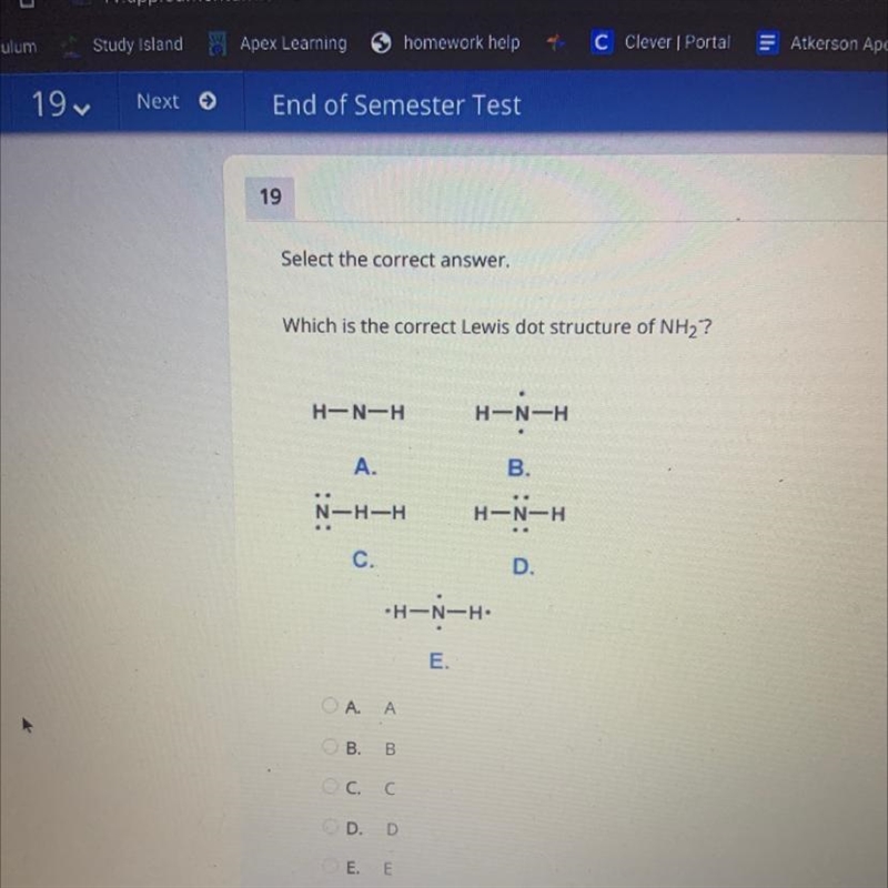 Which is the correct Lewis dot structure of NH2? A.A B.B C.C D.D E.E-example-1