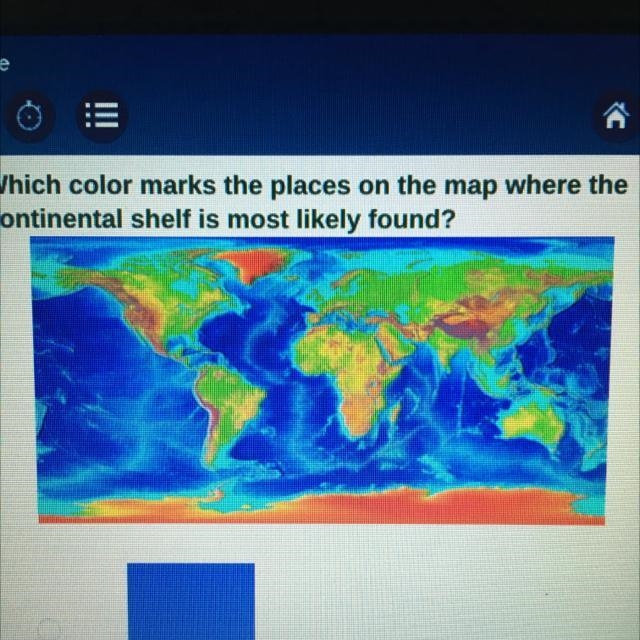 Which color marks the places on the map where the continental shelf is most likely-example-1