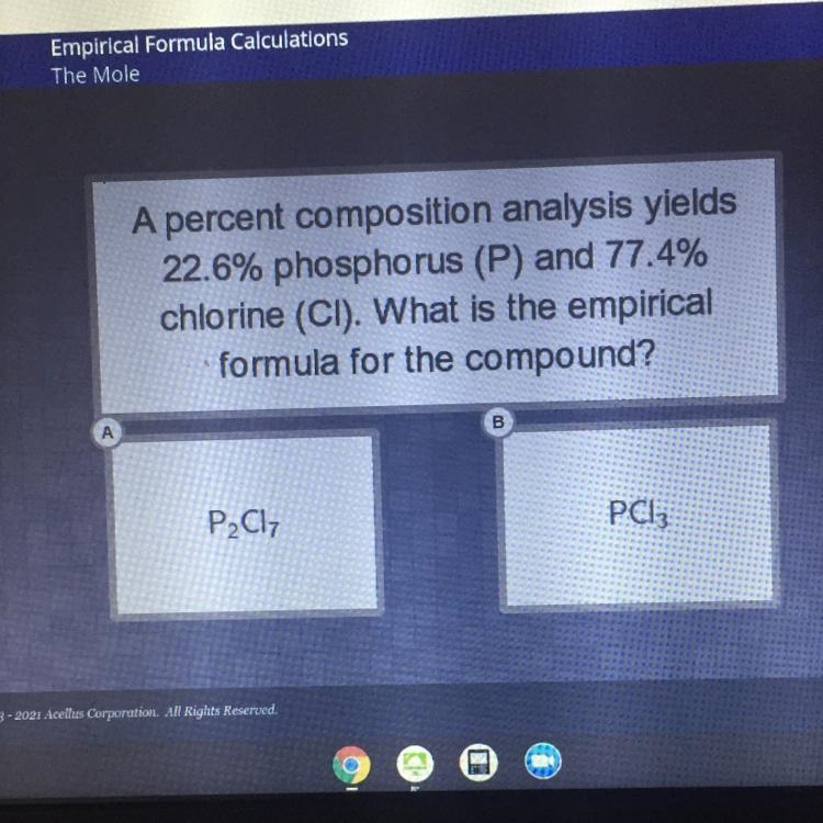 A percent composition analysis yields 22.6% phosphorus (P) and 77.4% chlorine (CI-example-1