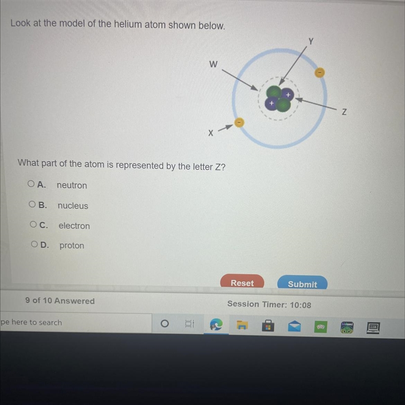 What part of the atom is represented by the letter Z? OA. neutron OB. nucleus OC. electron-example-1