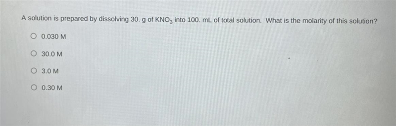 A solution is prepared by dissolving 30. g of KNO3 into 100. mL of total solution-example-1