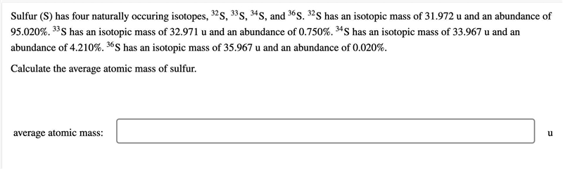 Calculate the average atomic mass of sulfur.-example-1