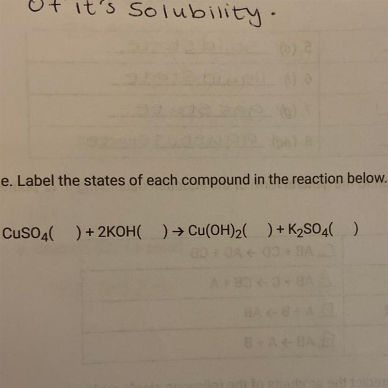 Label the states of each compound in the reaction below. CuSO4( ) + 2KOHC ) + Cu(OH-example-1