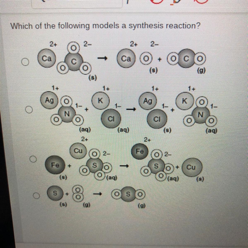 Which of the following models a synthesis reaction?-example-1