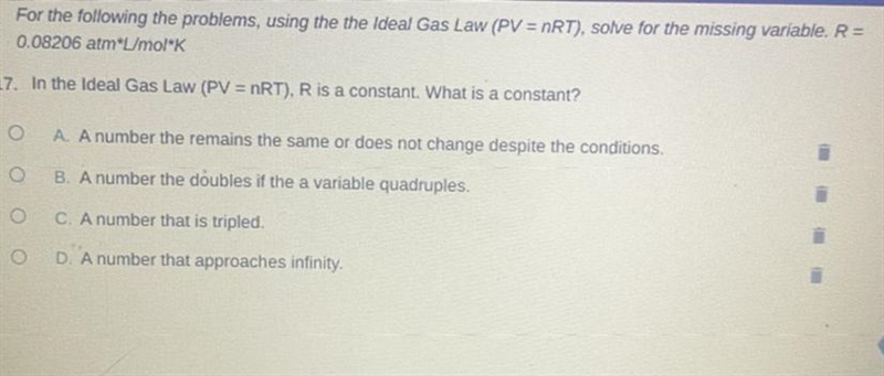 50POINTS! In the ideal gas Law (PV=nRT) R is a constant. What is a constant? A. A-example-1