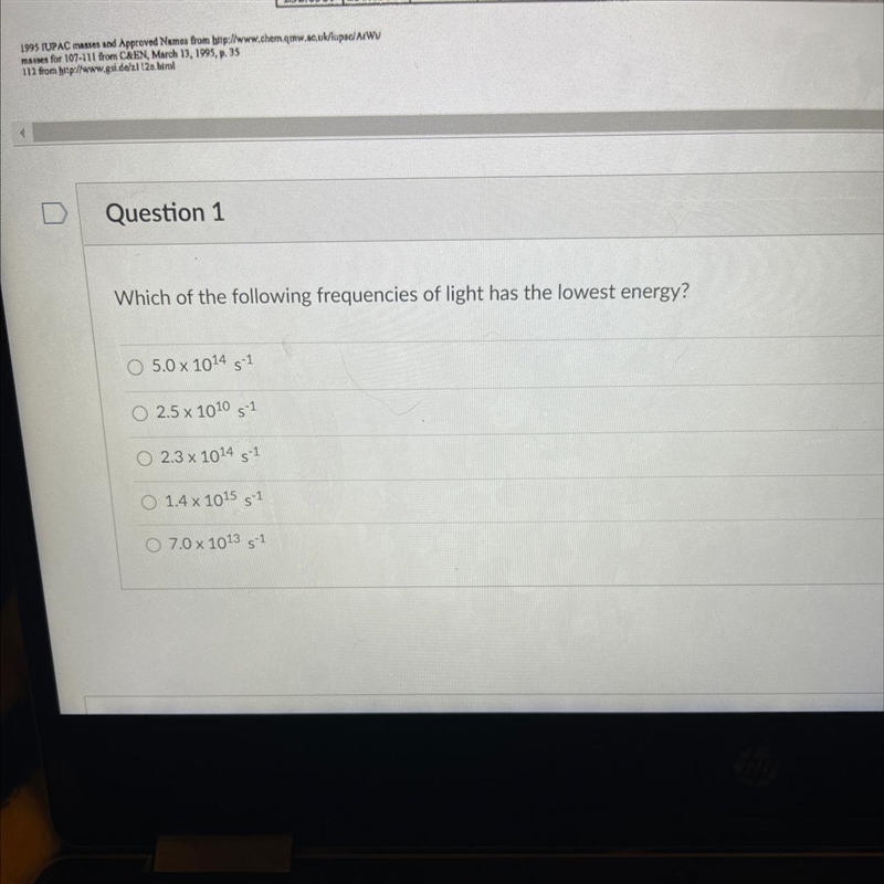 Which of the following frequencies of light has the lowest energy?-example-1