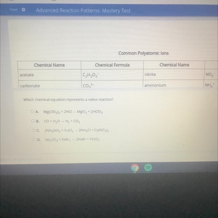 Which chemical equation represents a redox reaction￼-example-1