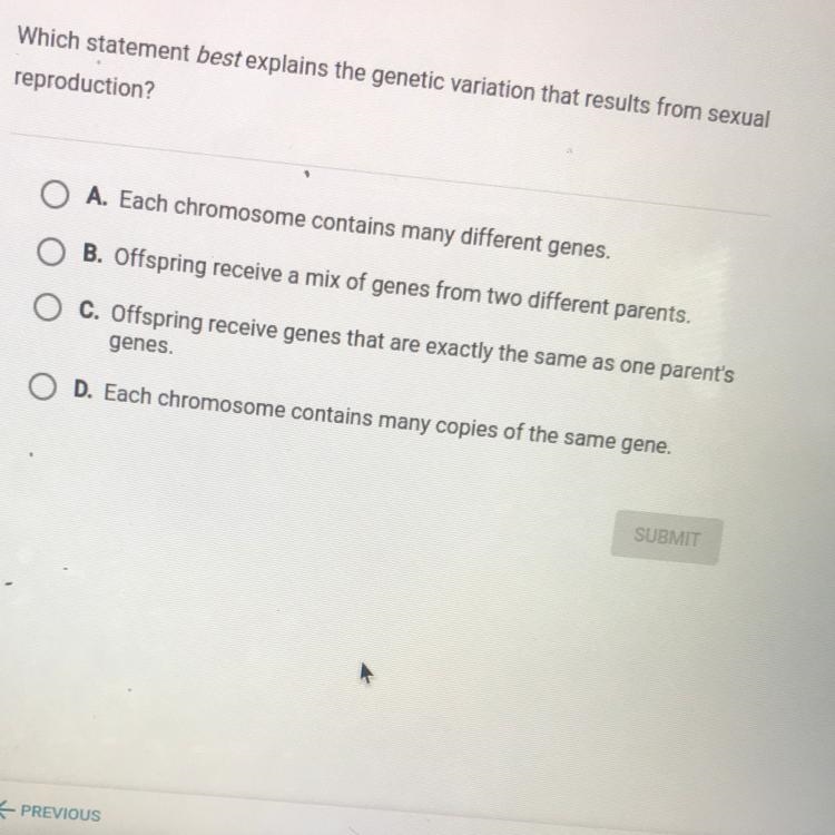 Which statement best explains the genetic variation that results from sexual reproduction-example-1