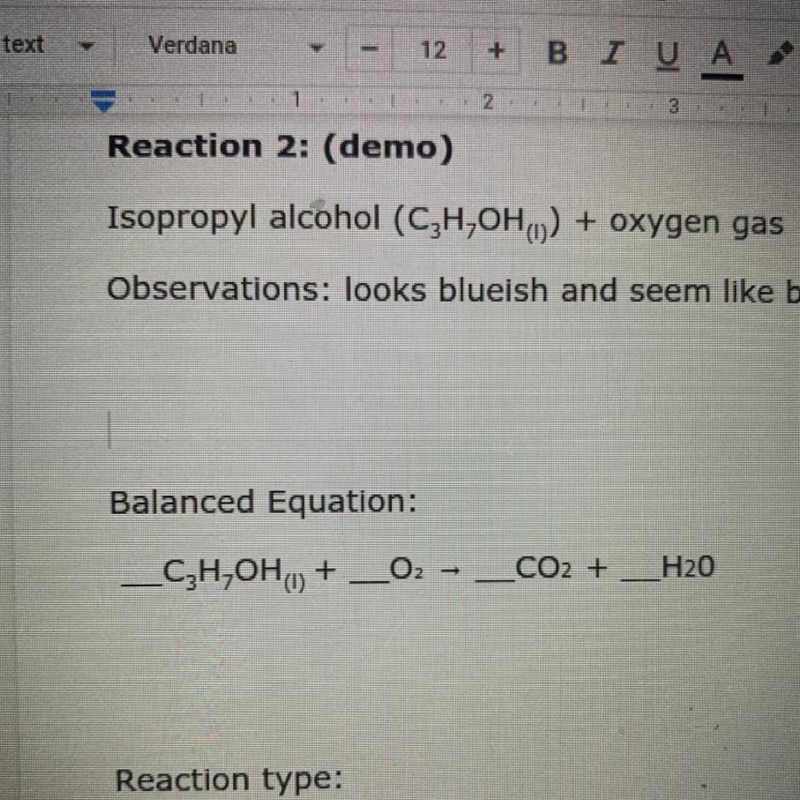 Balanced Equation: C3H,OH,) + __02 - __CO2 + H20-example-1