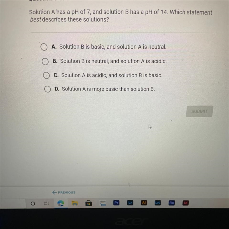 Solution A has a pH of 7, and solution B has a pH of 14. Which statement best describes-example-1