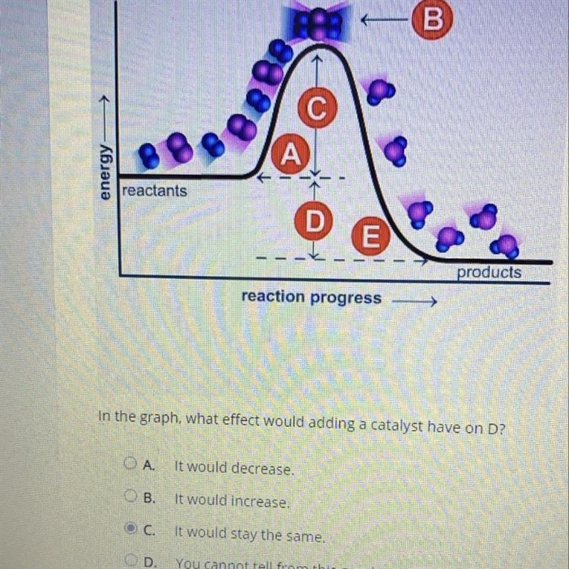 In a graph, what effect would adding a catalyst have on D? A. It would decrease. B-example-1