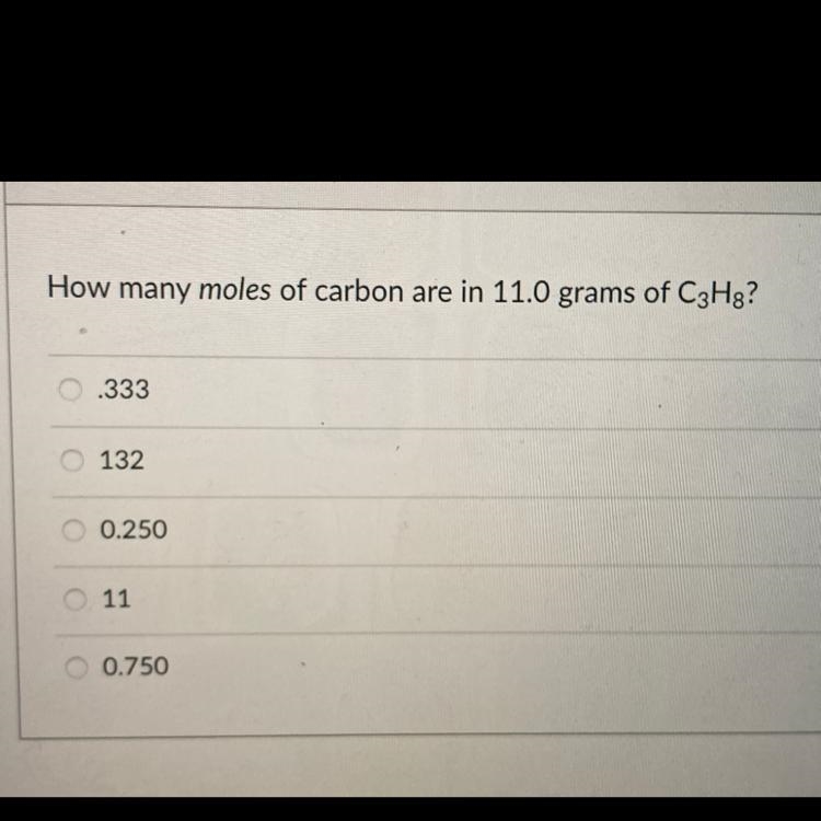 How many moles of carbon are in 11.0 grams of C3H8?-example-1