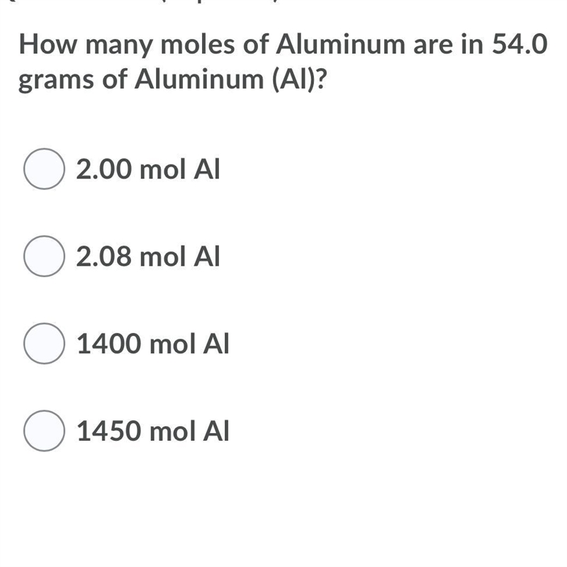 How many moles of Aluminum are in 54.0 grams of Aluminum (Al)-example-1