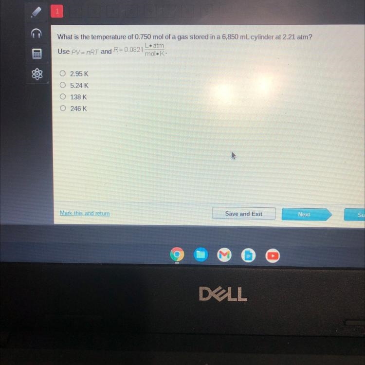 What is the temperature of 0.750 mol of a gas stored in a 6,050 mL cylinder al 221 atm-example-1