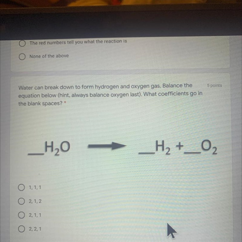 Water can break down to form hydrogen and oxygen gas. Balance the equation below (hint-example-1