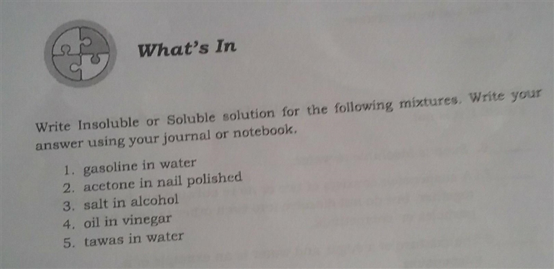 Write insoluble or soluble solution for the following mixtores 1 2 3 4 5 ​-example-1