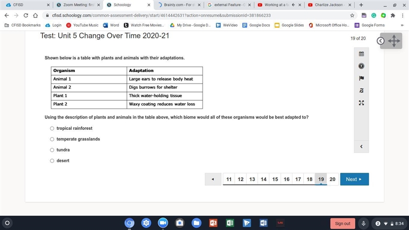 Shown below is a table with plants and animals with their adaptations. Using the description-example-1