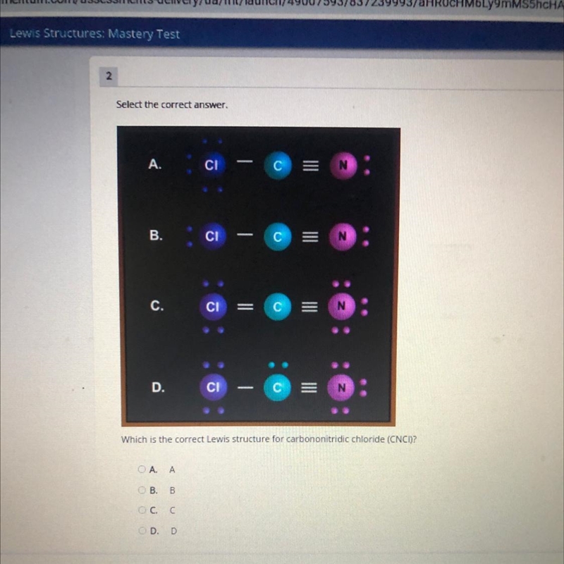 Which is the correct Lewis structure for carbononitridic chloride (CNCl)?-example-1