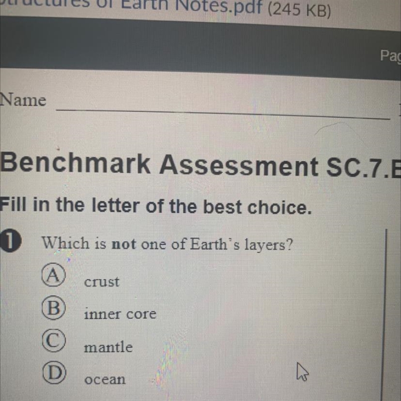 0 Which is not one of Earth's layers? A А crust B) inner core mantle D ocean-example-1