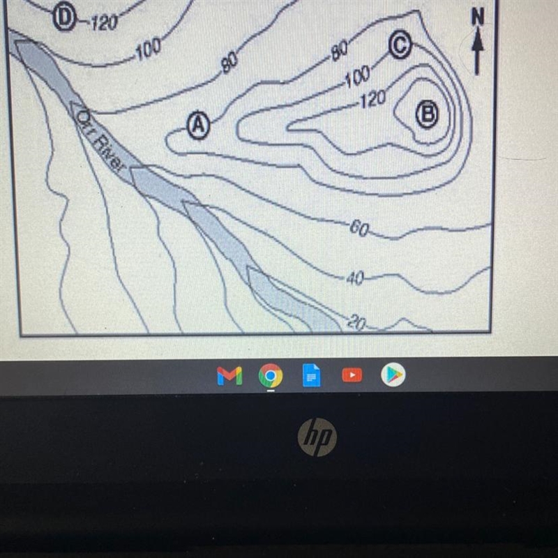 A section of a topographic map is shown below. What is the difference is meters between-example-1