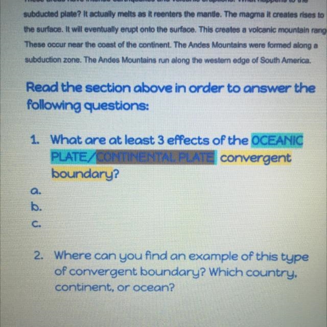 1. What are at least 3 effects of the oceanic plate/continental plate convergent boundary-example-1