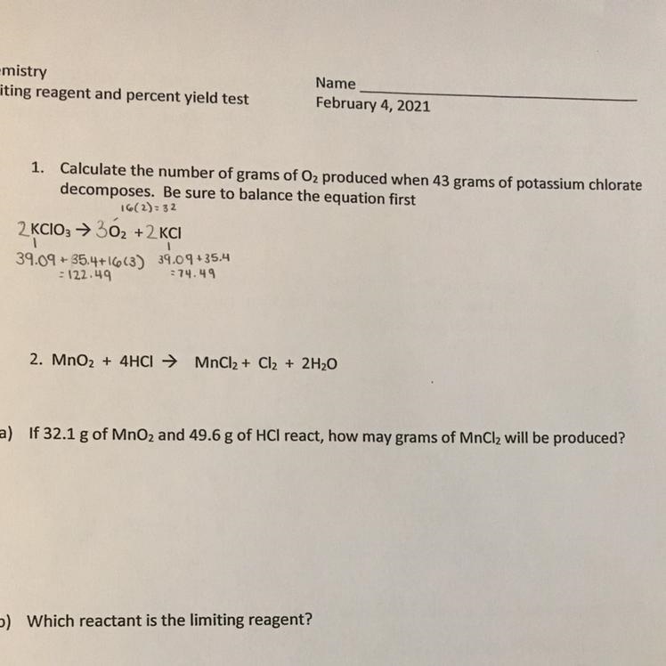 Calculate the number of grams of 02, produced when 43 grams of potassium chlorate-example-1