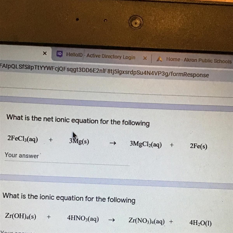 What is the ionic equation for the following 2FeCl(aq) 3Mg(s) 3MgCl(aq) 2Fe(s)-example-1