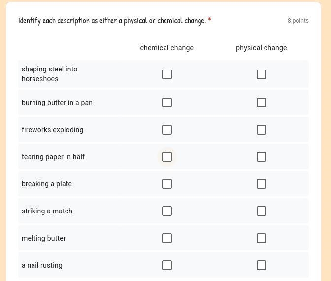 Identify each description as either a physical or chemical change.-example-1