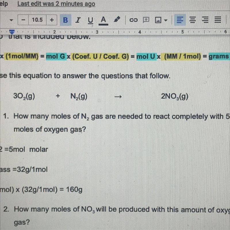 2. How many moles of NO3, will be produced with this amount of oxygen gas?-example-1