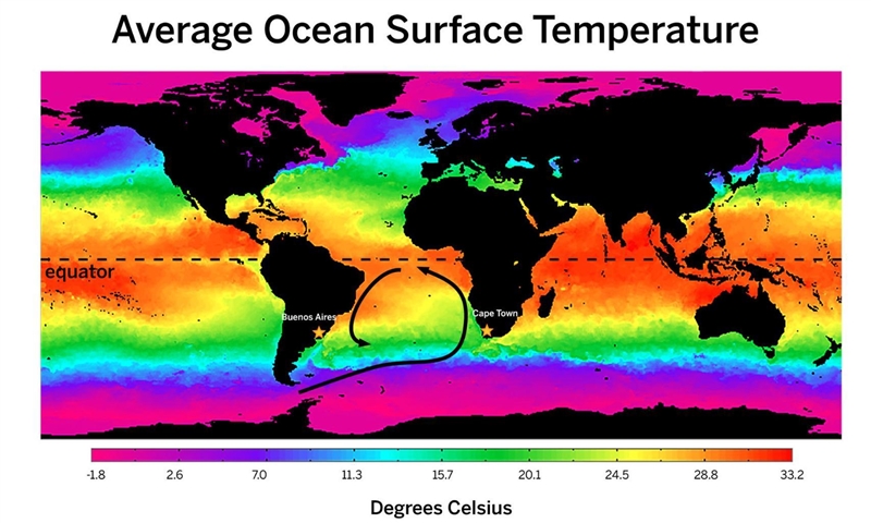 Based on the picture of the map, why does Buenos Aries have a higher ocean surface-example-2