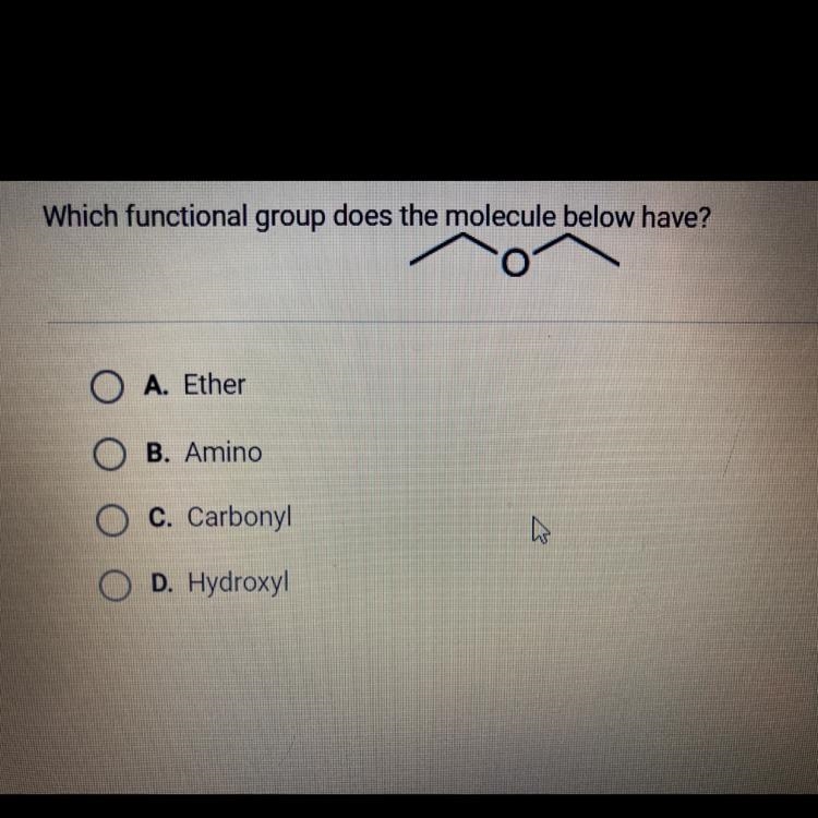 Which functional group does the molecule below have? A. Ether B. Amino C. Carbonyl-example-1