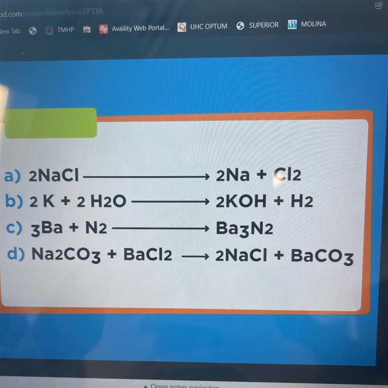 Which of the equations represents a synthesis reaction? A. a B. b o C. c D. d o-example-1