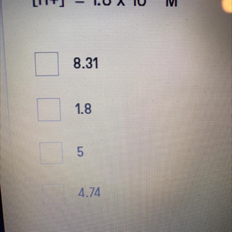 Calculate the pH of a solution with [H+] = 1.8 x 10^-5 M-example-1