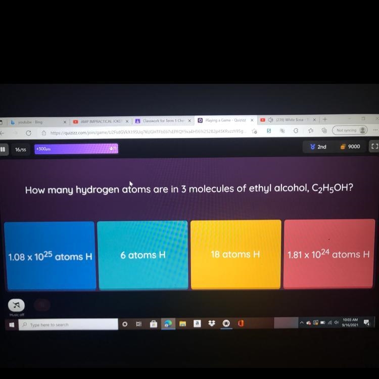 How many hydrogen atoms are in 3 molecules of ethyl alcohol, C2H3OH-example-1