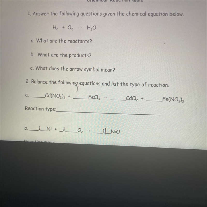 For number 2 I need help with balancing equations and list the type of reaction plz-example-1