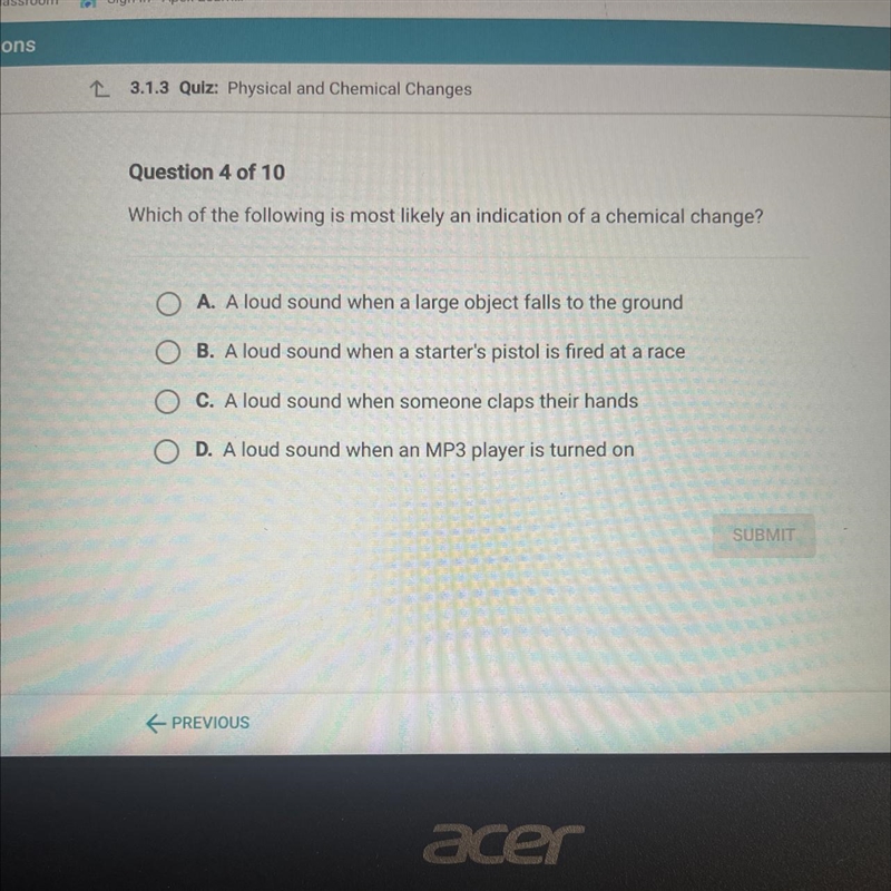 Which of the following is most likely an indication of a chemical change?-example-1