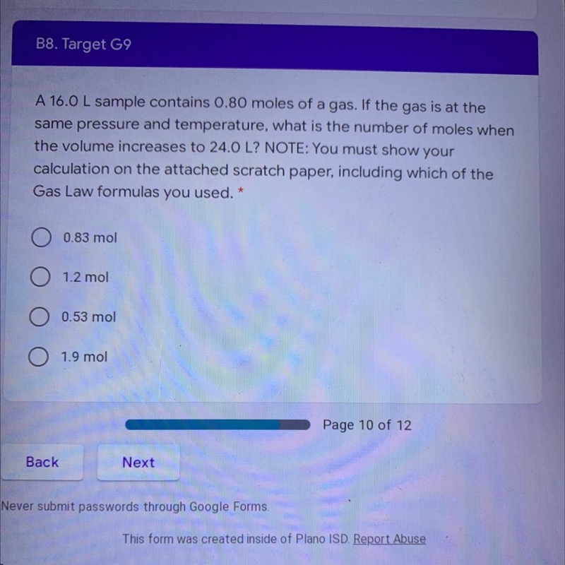 A 16.0 L sample contains 0.80 moles of a gas. If the gas is at the same pressure and-example-1