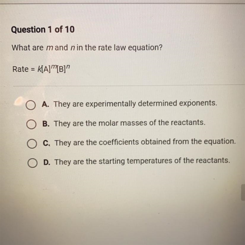 What are mand n in the rate law equation? Rate = k[A]”[B]"-example-1