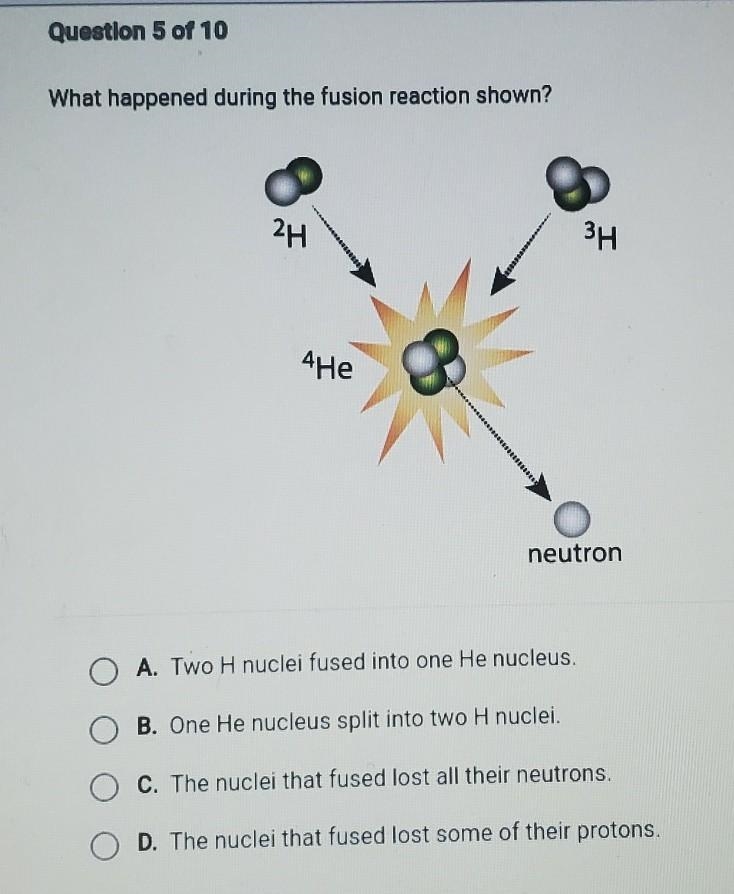 What happened during the fusion reaction shown? 2H Зн 4He neutron O A. Two H nuclei-example-1