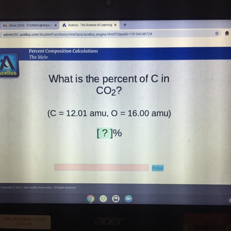 What is the percent of C in CO2? (C = 12.01 amu, O = 16.00 amu) [? ]% Please help-example-1