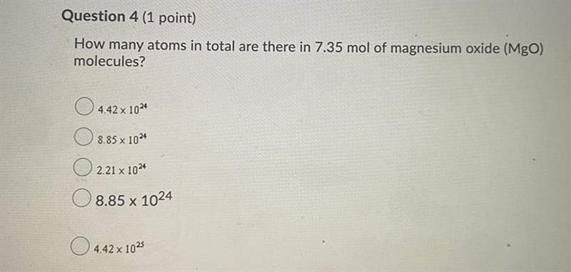 How many atoms in total are there in 7.35 mol of magnesium oxide (MgO) molecules?-example-1