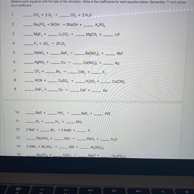 Balance each equation with the help of the simulator. Write in the coefficients for-example-1