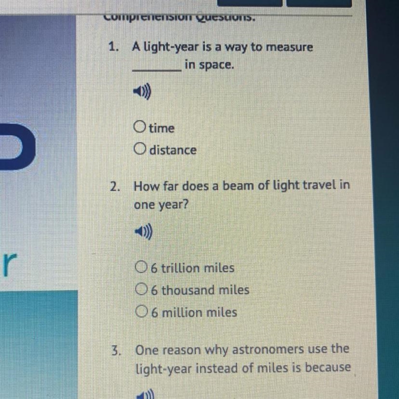 A light-year is a way to measure ______ in space. O time Odistance PLS HELPPPPPPPPPPPPPPPPPPPPPPPPPLLLLLPL-example-1