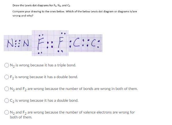 Draw the Lewis dot diagrams for F2, N2, and C2. Compare your drawing to the ones below-example-1